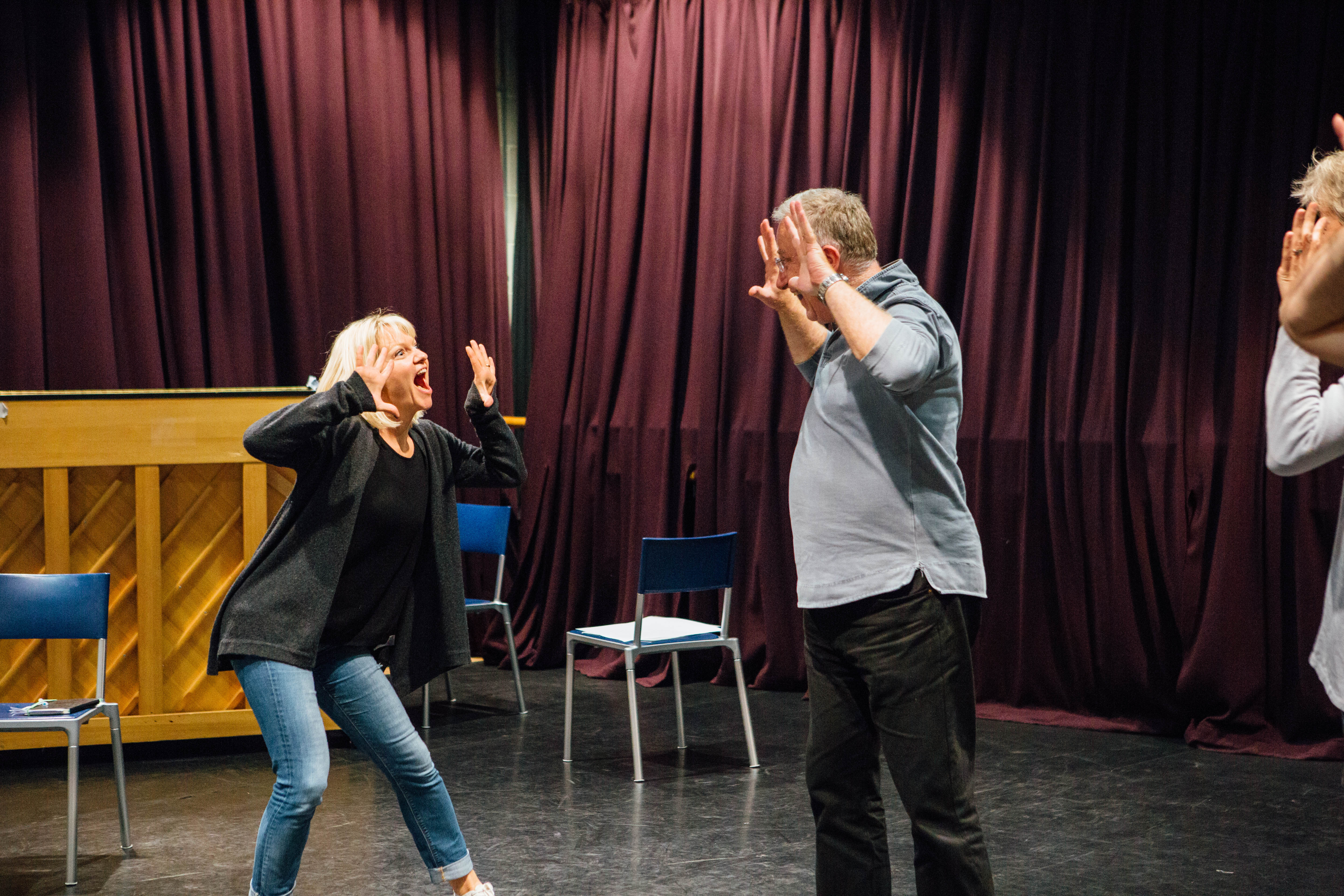 Two acting students do a few warm up games at Soho Theatre.